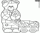 A letra L formado por um urso vestido com um coelho e um carrinho cheio de brinquedos