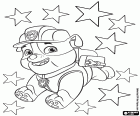 O filhote de Paw Patrol Rubble está muito feliz entre as estrelas que decoram as celebrações de Natal