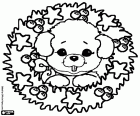 Um cãozinho, um filhote de cachorro com a cabeça dentro de uma guirlanda de Natal
