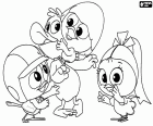 Nesta imagem para colorir, podemos ver a galinha Calimero brincando com seus três melhores amigos, Valeriano, Priscilla e Piero