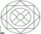 Uma mandala com base em um círculo externo com dois quadrados inscritos e dois círculos internos conectados com quatro elementos retangulares. Uma mandala bastante simples em nossa coleção de mandalas