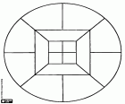 Uma mandala circular concebida a partir de dois quadrados divididos em quartos, em um caso em ângulos retos e o outro em diagonal