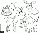 Desenho para colorir com três animais da floresta como um alce, um javali e uma lebre