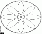 Uma mandala circular geométrica que se assemelha a uma flor com oito pétalas e pequeno círculo no centro