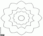 Uma mandala de uma flor que consiste em três anéis concêntricos com várias formas e um pequeno círculo central