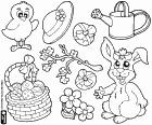 Um conjunto de desenhos sobre as tradições seculares da Páscoa. Um pintinho da Páscoa, uns ovos de Páscoa, coelhinho da Páscoa juntamente com itens relacionados à Primavera