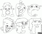 As letras dos monstros da A até F. As letras monstruosas A, B, C, D, E, F