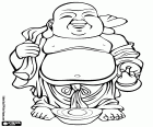 Um Buda sorridente em pé com uma barriga grande, um saco nas costas e lingotes chineses de ouro