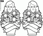 Um desenho duplo para o dia da mãe. Duas mães com dois cestos cheios de flores para a comemoração do dia da mãe