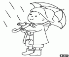 Caillou e a chuva. Caillou vê que está começando a chover. A criança está totalmente equipada para que a chuva com guarda-chuva, capa de chuva, botas de água e chapéu à prova d'água