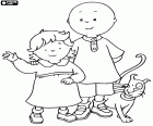 Caillou com sua irmã mais nova Rosie e seu gato Gilbert. Caillou é uma criança muito responsável que se preocupa muito com sua irmanzinha e seu gato