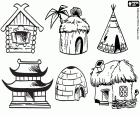 Coleção de seis casas de lugares diferentes ao redor do mundo. Uma isbá da Rússia, uma cabana da África, uma tenda da América do Norte, uma casa de Japão, um iglu do Ártico, uma casa rural da Ucrânia