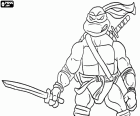 Leonardo é a tartaruga ninja das katanas. Leonardo com uma katana na mão e a outra nas costas