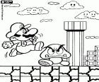 Uma cena de um video jogo de Super Mario. O protagonista é Mario saltando sobre seu inimigo Goomba, sob o olhar das nuvens sorridentes