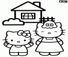 Hello Kitty e sua mãe felizes na frente de casa delas