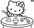 Hello Kitty com uma colher na mão pronta para comer uns bolinhos cupcakes deliciosos. Hello Kitty ama os doces, ela é muito gulosa