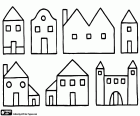 Uma coleção de desenhos simples de diferentes casas de uma aldeia