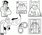 Um desenho para colorir com todos os personagens e elementos desta aventura de crime e justiça. O agente policial, o juiz e o criminoso em diferentes situações