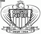 Escudo do Olympique Gymnaste Club de Nice Côte d'Azur, OGC Nice, clube de futebol con sede em Nice, cidade turística com costa para o mar Mediterrâneo, na Côte d'Azur, capital do sudeste da França, no departamento de Alpes-Maritimes