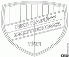Escudo da RKS Raków Częstochowa, clube de futebol baseado em Częstochowa, cidade marcada pelo rio Warta e seus afluentes, no norte da voivodia da Silésia, no sul da Polônia. A cidade é famosa para a Nossa Senhora de Częstochowa