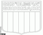Distintivo de Grudziądzki Klub Sportowy Olimpia Grudziądz, clube de futebol baseado em Grudziądz, cidade ao lado do rio Vístula, na voivodia de Cujávia-Pomerânia e no norte da Polónia