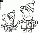 Os irmãos Peppa Pig e George Pig com roupas quentes no inverno. Peppa e George vestindo casaco, cachecol e chapéu