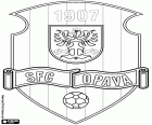 Escudo da SFC Opava, Slezský fotbalový club Opava, clube de futebol com sede em Opava, a histórica capital da Silésia, cidade de fronteira com a Polônia, no nordeste da República Checa, na região da Morávia-Silésia