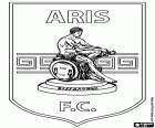 Escudo de Aris de Salonica FC, Athlitikos Syllogos Aris Thessaloniki, clube de futebol que pertence ao clube multiesportivo baseado em Salonica ou Tessalônica, cidade portuária no norte do mar Egeu. Tessalônica é a segunda cidade da Grécia e capital da região da Macedônia Central