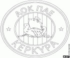 Logotipo da AOK Kerkyra, Athlitikos Omilos Kerkyra, clube de futebol com sede em Corfu, Kerkyra em grego, cidade e capital da segunda maior ilha no mar Jónico, as Ilhas Jónicas. Corfu está localizado em frente a costa noroeste da Grécia