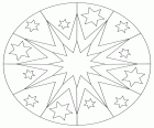 Uma mandala de perímetro circular, formado por duas estrelas concêntricas centrais e outras estrelas decorativas na faixa de exterior