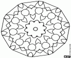 Uma mandala de forma poligonal, com uma flor central e anel externo principal, formado por uma sequência de corações e círculos