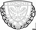 Escudo de WKS Śląsk Wrocław, Wrocławski Klub Sportowy Śląsk Wrocław SA, clube de futebol baseado em Breslávia ou Vratislávia, cidade às margens do Rio Oder e a capital da voivodia da Baixa Silésia no sudoeste da Polônia
