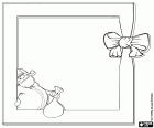 Um quadro com tela em branco para personalizar no Natal. A moldura está decorada com um laço decorativo e a figura do Papai Noel em um canto