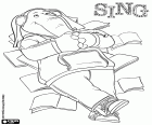 A adolescente Meena é uma elefante muito tímida que tem medo de palco. Neste desenho para colorir podemos ver que ela relaxada e feliz a ouvir música com os fones de ouvido. Um personagem de Sing Quem Canta Seus Males Espanta o filme