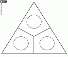 Um triângulo com as cores básicas e complementares. Um esquema triangular para as cores básicas com três círculos para suas cores complementares