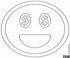 O emoticon da felicidade com o dinheiro. Smiley está pensando no dinheiro que pode obter. Um rosto sorridente de Smiley com um grande sorriso e os símbolos do dólar nos olhos