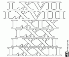 Vamos em frente no sistema numérico Romano para chegar a 100. Os numerais romanos, 67, 68, 69, 70, 71 e 72 nesta página para colorir
