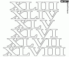 Em nossa coleção de desenhos sobre o sistema numérico Romano para colorir, aqui nós temos os números 43, 44, 45, 46, 47 e 48