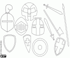Um conjunto de armas, capacetes e escudos para a batalha medieval