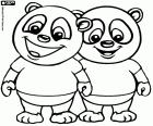 Dois amigos pandas sorrindo em camisetas e calções, dois pandas do Panfu