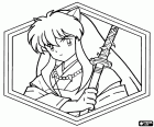 Um retrato de Inuyasha em uma moldura hexagonal. Inuyasha é o protagonista principal e ao mesmo tempo é um anti-herói