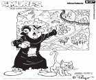 O malvado feiticeiro Gargamel e o gato Azrael com o mapa para encontrar a aldeia perdida
