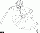 Renji Abarai em ação com a arma. Ele é um shinigami, um personagem do Bleach