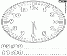 05:30 e 17:30, são as cinco e meia da manhã ou da tarde, as cinco horas e trinta minutos, em um desenho para colorir e para aprender as horas