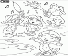 Os quatro Little Einsteins são muito felizes quando chove. Eles saem com capas de chuva, chapéus de chuva, guarda-chuvas e botas de borracha para brincar com poças