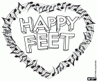 O logotipo do Happy Feet dentro um pentagrama em forma de coração com notas musicais