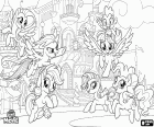 Os pôneis de Equestria no seu primeiro Festival de amizade. Twilight com Spike o dragão e seus amigos Pinkie Pie, Rainbow Dash, Rarity, Applejack e Fluttershy