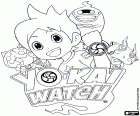 O logotipo e os principais personagens de Yo-kai Watch: Nate, Whisper, Jibanyan e Komasan
