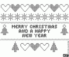 Uma página para colorir com um desenho para fazer um bordado em ponto de cruz com elementos decorativos de Natal (como corações, estrelas e abetos) e com o texto em inglês, Feliz Natal e um Feliz Ano Novo, Merry Christmas and a Happy New Year 