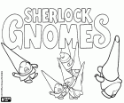 Um grupo de gnomos com o logotipo original do novo filme de Gnomeo e Julieta, Sherlock Gnomes e o Mistério do Jardim